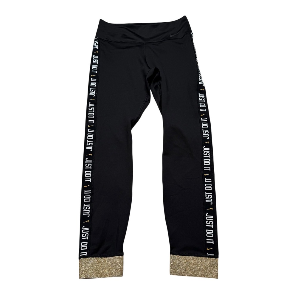 NIKE One Icon Clash Glam Dunk Cuff Dri-FIT Leggings Black Gold Glitter Women's M